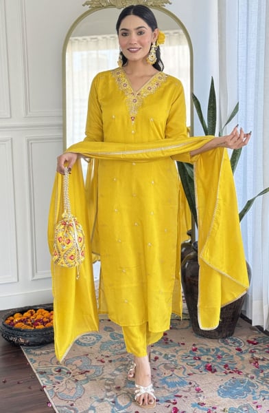 Lemon Yellow Embroidered Art Silk Readymade Pant Kameez
