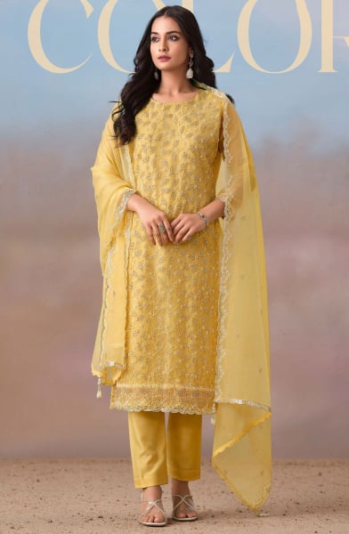 Lemon Yellow Embroidered Chiffon Plus Size Suit