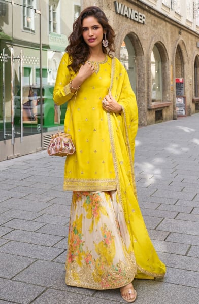 Lemon Yellow Embroidered Chinnon Designer Sarara Kameez