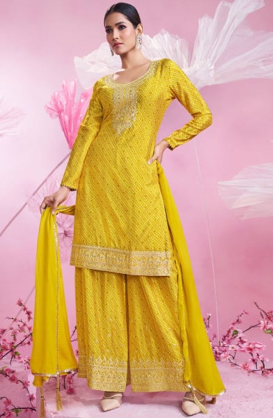 Lemon Yellow Embroidered Chinnon Silk Palazzo Kameez