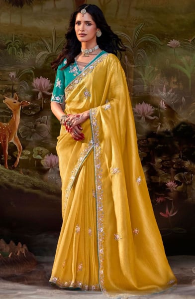Lemon Yellow Embroidered Designer Saree for Ceremonial