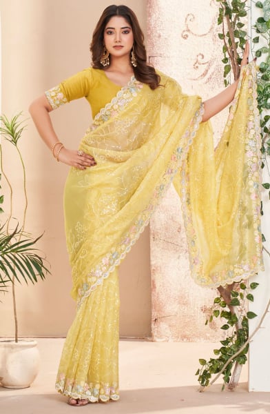 Lemon Yellow Embroidered Designer Saree for Ceremonial