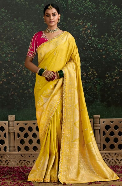 Lemon Yellow Embroidered Dola Silk Designer Saree