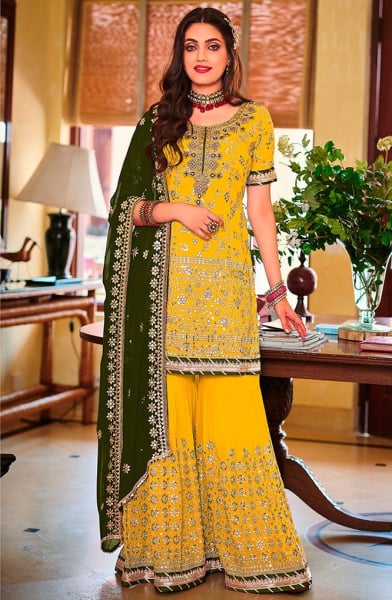 Lemon Yellow Embroidered Faux Georgette Sarara Kameez