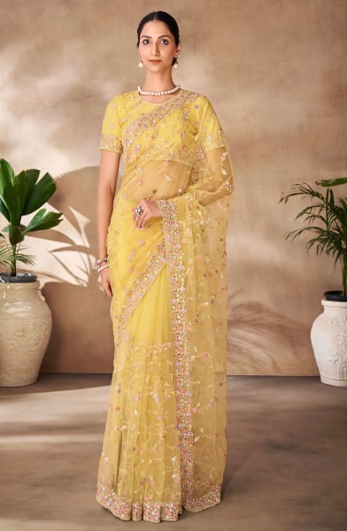 Lemon Yellow Embroidered Net Designer Saree