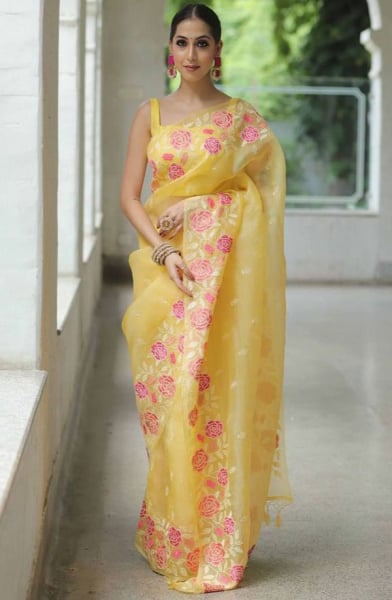Lemon Yellow Embroidered Organza Saree
