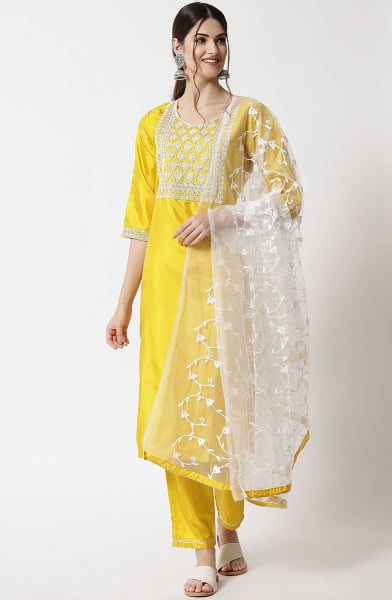 Lemon Yellow Embroidered Silk Blend Readymade Suit