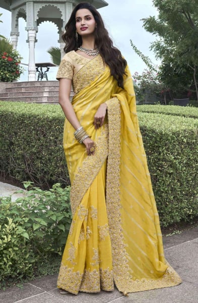 Lemon Yellow Embroidered Viscose Silk Designer Saree