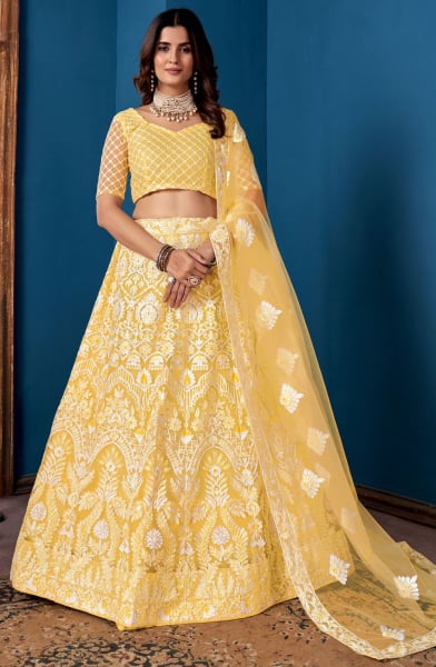 Lemon Yellow Heavy Wedding Wear Lehenga Set