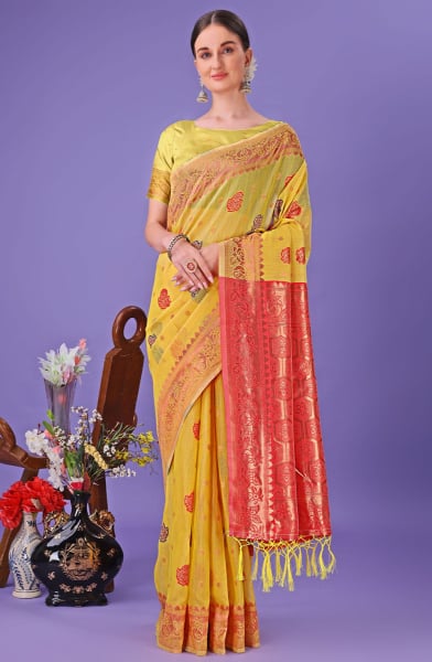 Lemon Yellow Linen Cotton Saree for Festival