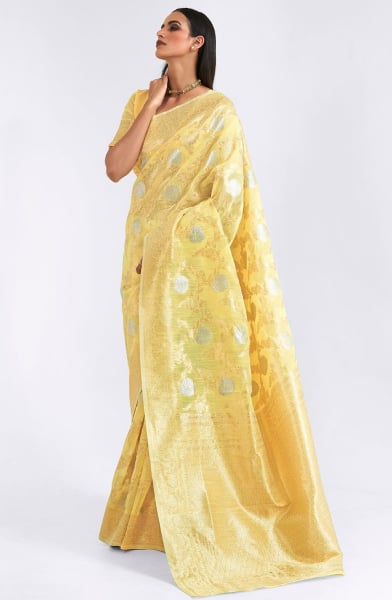 Lemon Yellow Linen Saree with Zari Weaving