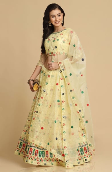 Lemon Yellow Net Party Wear Lehenga Choli Set