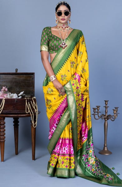 Lemon Yellow Patola Print Viscose Silk Saree