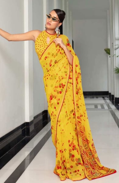 Lemon Yellow Printed Casual Georgette Saree
