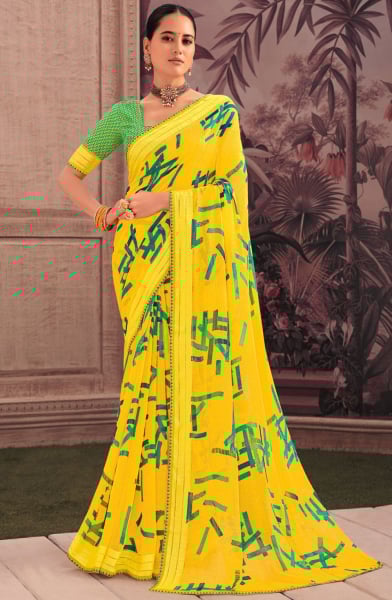Lemon Yellow Printed Casual Georgette Saree