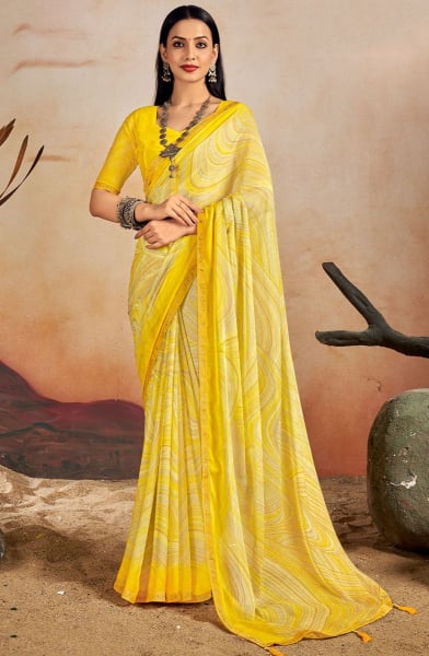 Lemon Yellow Printed Chiffon Casual Saree