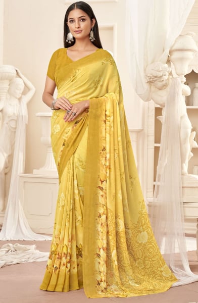 Lemon Yellow Printed Georgette Casual Wear Saree