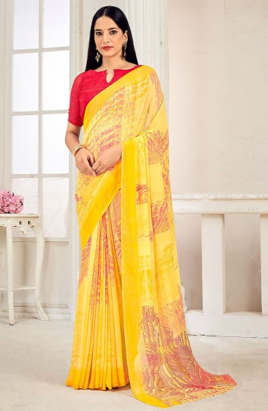 Lemon Yellow Printed Georgette Casual Wear Saree