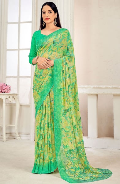 Lemon Yellow Printed Georgette Casual Wear Saree