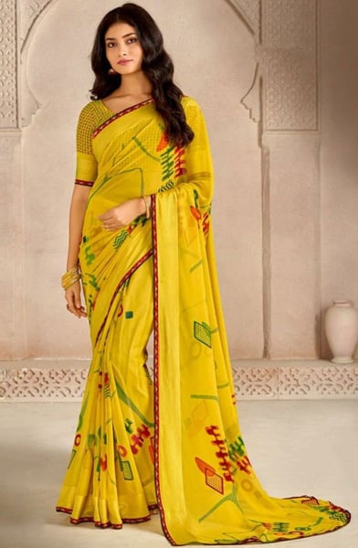 Lemon Yellow Printed Georgette Saree