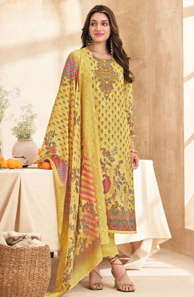 Lemon Yellow Printed Lawn Cotton Pant Kameez