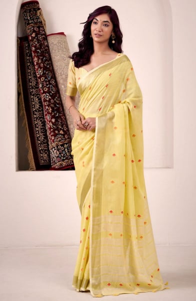 Lemon Yellow Printed Linen Silk Saree