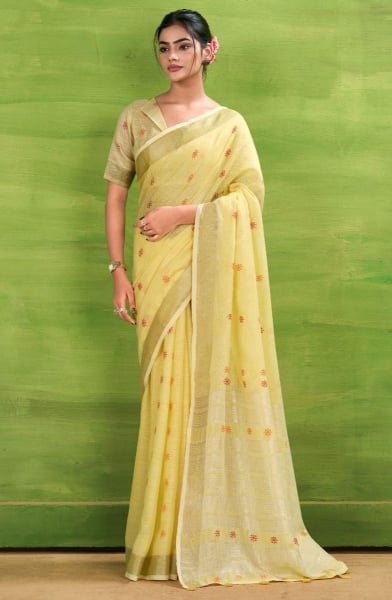 Lemon Yellow Printed Linen Silk Saree