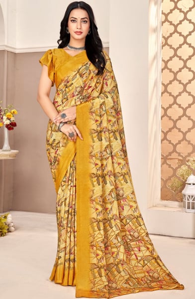 Lemon Yellow Printed Silk Crepe Saree