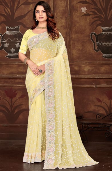 Lemon Yellow Resham Embroidered Georgette Saree