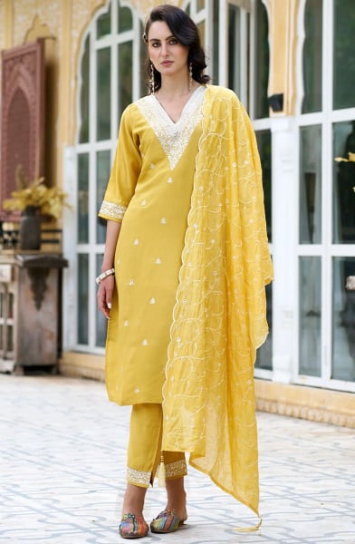 Lemon Yellow Silk Blend Readymade Pant Kameez
