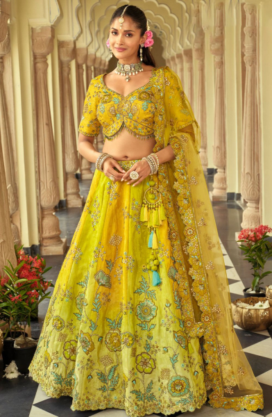 Lemon Yellow Silk Heavy Embroidered Readymade Lehenga Choli for Wedding