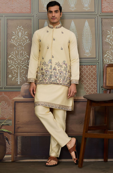 Lemon Yellow Silk Sequins Embroidered Kurta Set with Jacket