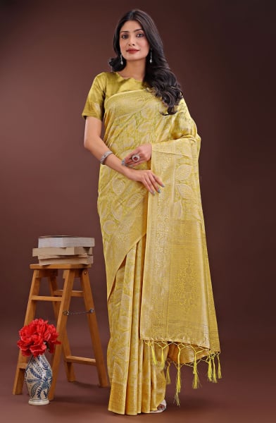 Lemon Yellow Weaving Design Cotton Saree