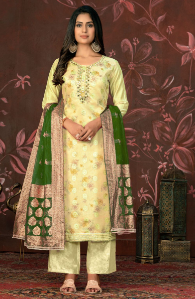 Lemon Yellow Woven Hand Work Partywear Suit