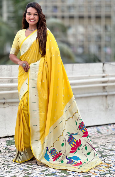 Lemon Yellow Zari Woven Paithani Silk Saree