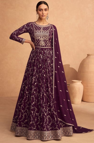 Wine Georgette Anarkali Gown with Dupatta