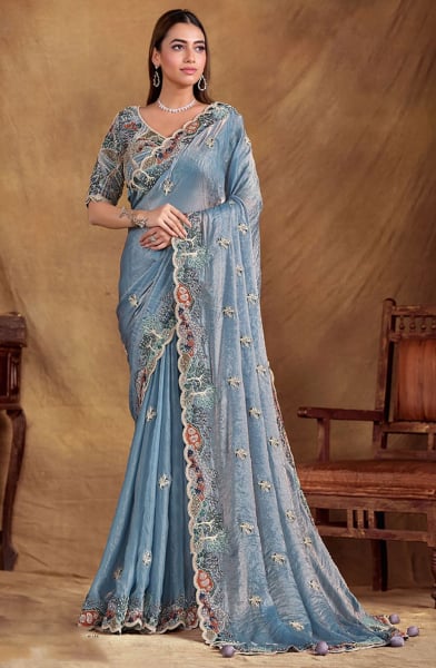 Light Blue Heavy Embroidered Designer Saree