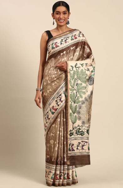 Light Brown Cotton Printed Saree