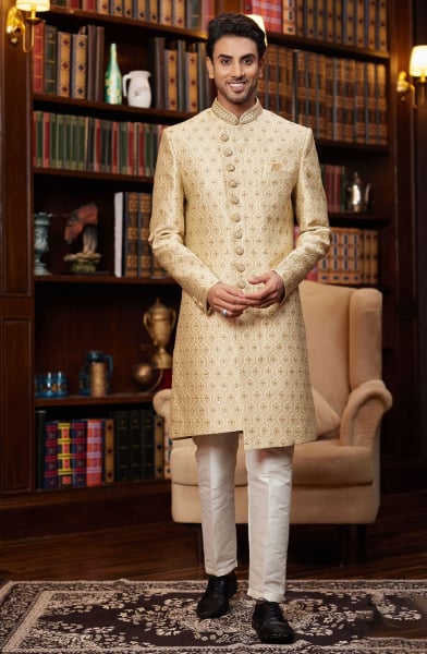 Light Golden Heavy Designer Sherwani for Wedding