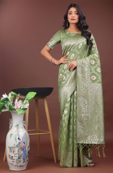 Light Green Cotton Woven Saree