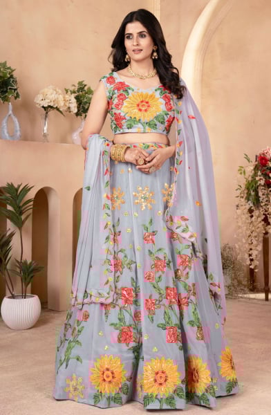 Light Grey Heavy Embroidered Designer Lehenga Choli Set for Ceremonial