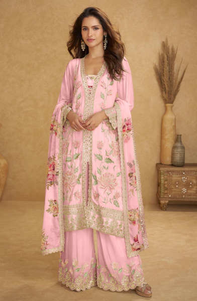 Light Pink Real Chinon Palazzo Kameez Suit