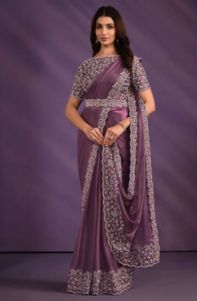 Light Purple Crepe Satin Silk Ready to Wear Saree