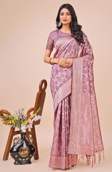 Light Purple Linen Cotton Printed Saree