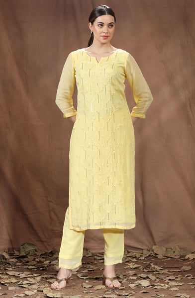 Light Yellow Chinnon Readymade Kurta