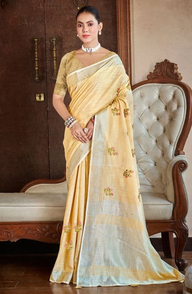 Light Yellow Linen Saree for Festival