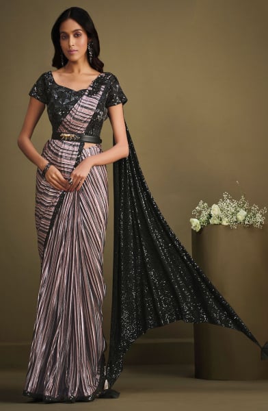 Lilac and Black Sequins Embroidered Ready to Wear Saree