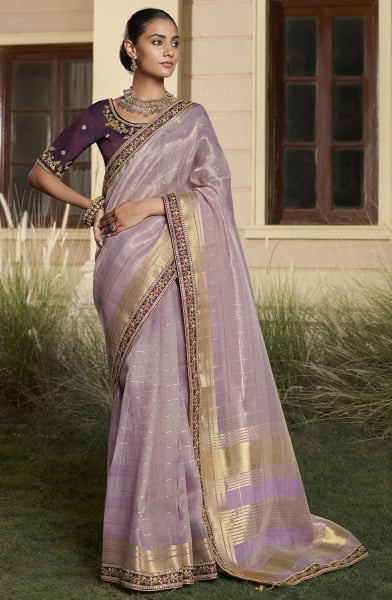 Lilac Cotton Saree with Embroidered Blouse