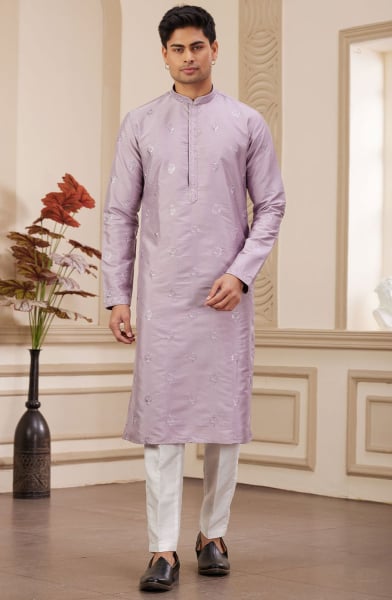 Lilac Embroidered Art Silk Kurta Set