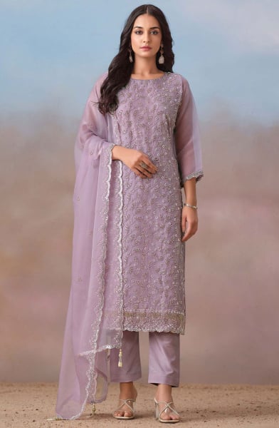 Lilac Embroidered Chiffon Plus Size Suit